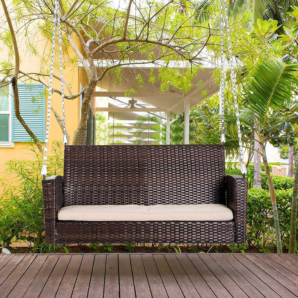 Hindoro 2 Person Double Seater Outdoor/Indoor Weather Resistant Hanging Wicker Porch Swing Chair with Cushion - Brown