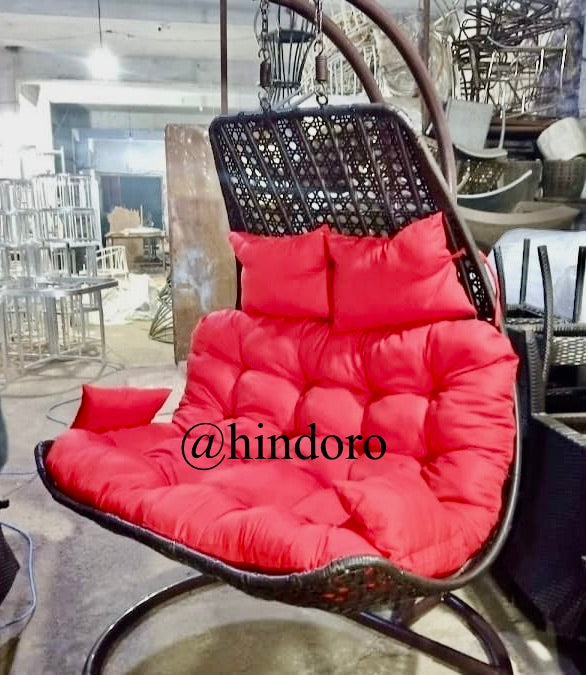 Hindoro Outdoor Balcony Furniture Double Seater Garden Hanging Black Color Swing with Red Cushion