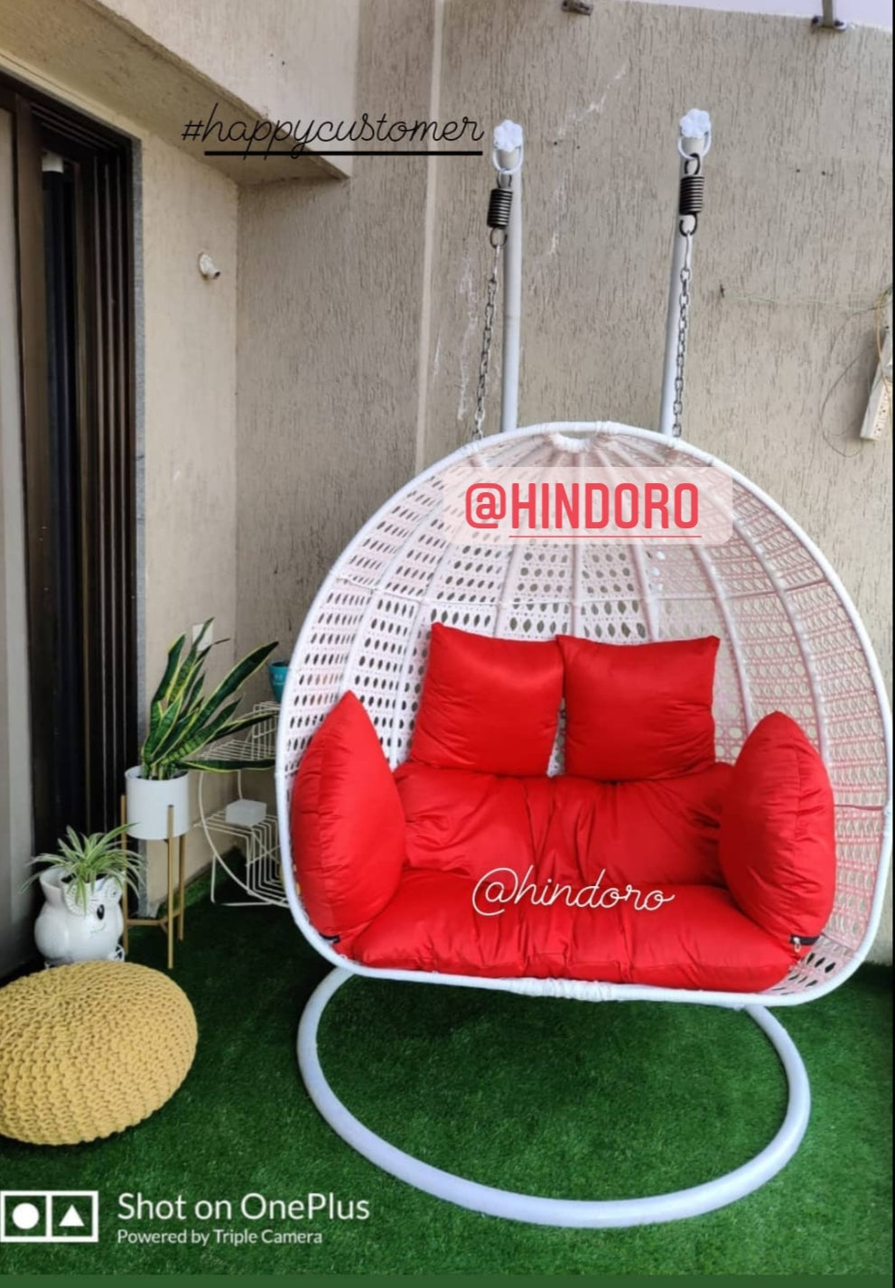 Hindoro Outdoor/Indoor Furniture White Double Seater Hanging Swing With Stand And Cushion