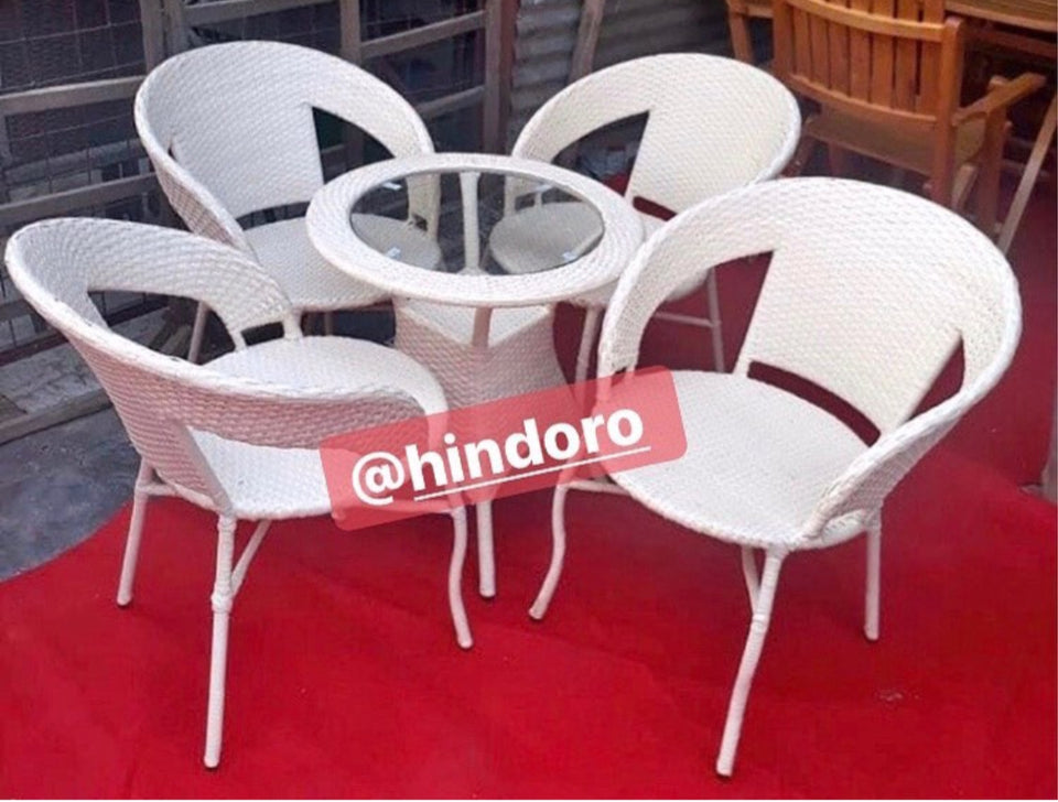 Hindoro Patio Garden/Balcony/Outdoor Furniture 4 Chair with 1 Table Set with Glass (White)