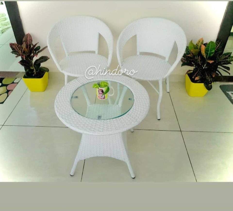 Hindoro Outdoor Garden Patio Seating 2 Chairs and 1 Table Set with Glass Balcony Furniture (White)