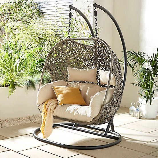 Hindoro Rattan Outdoor Patio Furniture Double Seater Swing with Stand and Cushion (Dark Brown Swing with Beige Cushion)