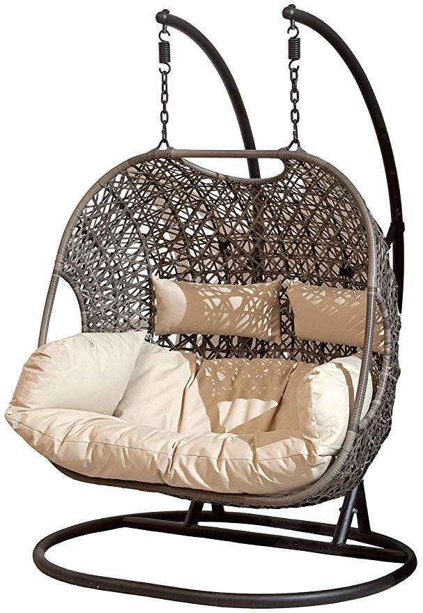 Hindoro Rattan Outdoor Patio Furniture Double Seater Swing with Stand and Cushion (Dark Brown Swing with Beige Cushion)