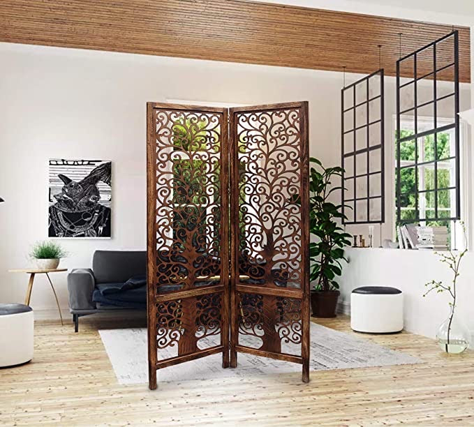 Hindoro Handcrafted 2 Panel Brown Wooden Room Partition/Divider