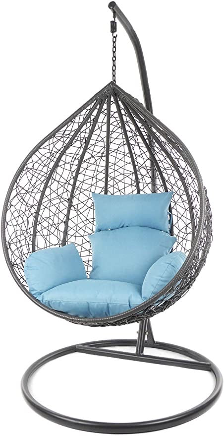Hindoro Outdoor/Indoor/Balcony/Garden/Patio Swing Chair with Stand and Cushion Set (Black with blue cushion)