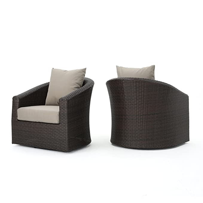 Hindoro Outdoor Steel Framed Wicker Swivel Club Chair, Set of 2, Mixed Brown and Mixed Khaki