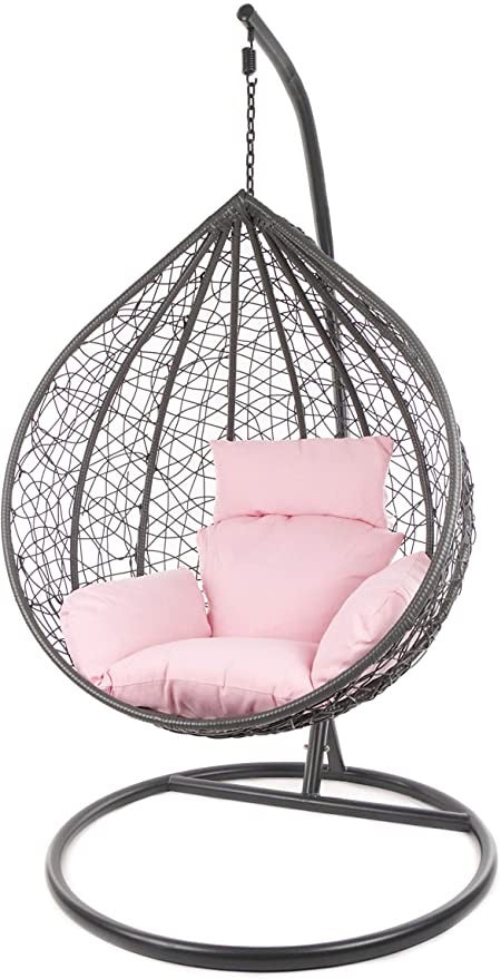 Hindoro Indoor Outdoor Black Color Single Seater Swing Chair with Stand And Pink Cushion