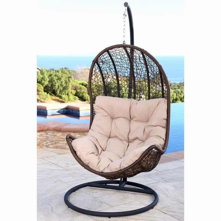 Hindoro Outdoor Balcony Single Seater Swing Chair with Stand and Cushion (Dark brown With Beige)