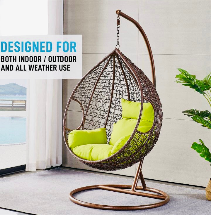 Hindoro Outdoor Balcony Swing Chair with Stand and Cushion (Dark brown With Green)