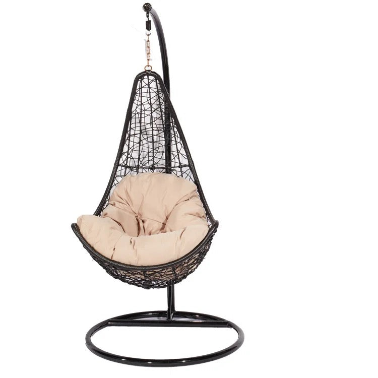 Hindoro Outdoor Balcony Spoon Swing Chair with Stand and Cushion (Black With Beige)
