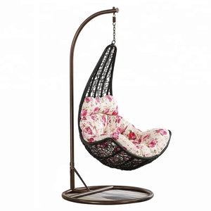 Hindoro Outdoor Balcony Spoon Black Swing Chair with Stand and Flower Cushion