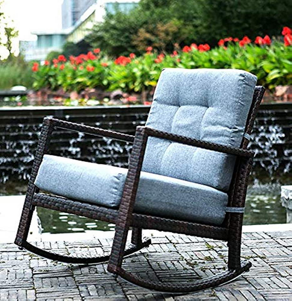 Hindoro Rattan Outdoor Patio Wicker Rocking Chair with Cushion (Dark brown with Grey)
