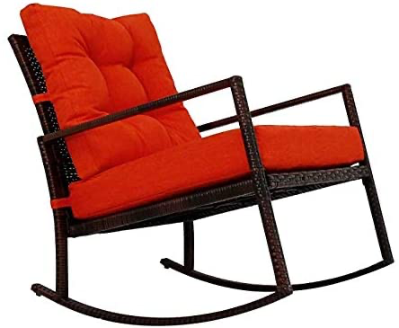 Hindoro Rattan Outdoor Patio Wicker Rocking Chair with Cushion (Dark brown with Red)