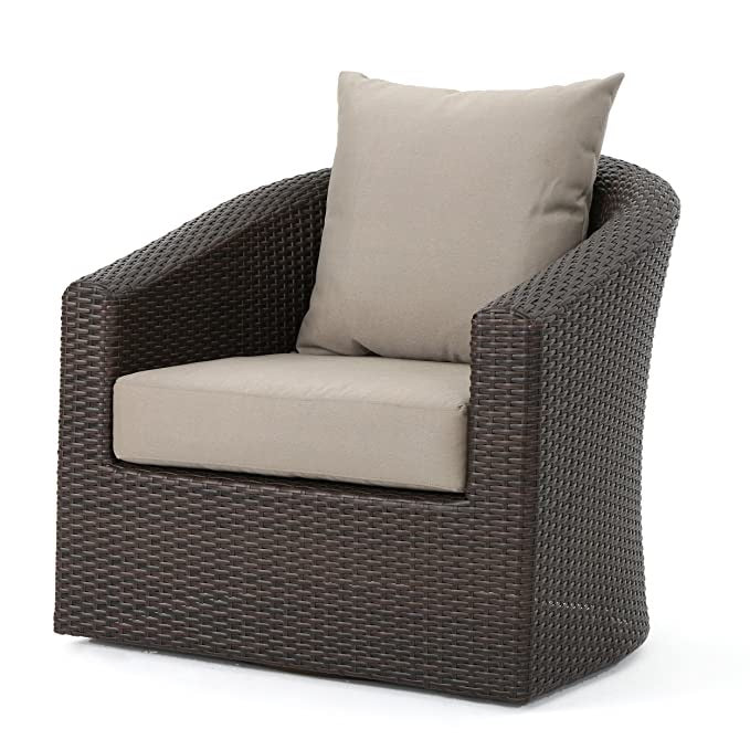 Hindoro Outdoor Steel Framed Wicker Swivel Club Chair, Set of 2, Mixed Brown and Mixed Khaki