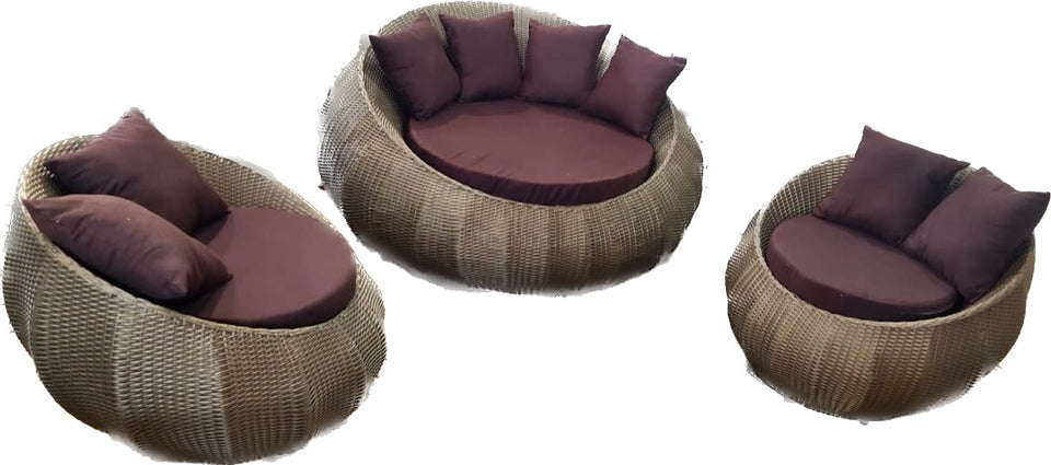 Hindoro Garden/Balcony/Outdoor Patio Furniture Round Apple Shape Rattan Sofa Sunbed Set with Cushion ( 2+1+1, Gold)