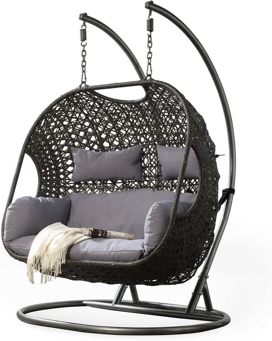Hindoro Rattan Outdoor Patio Furniture Double Seater Swing with Stand and Cushion (Black Swing with Grey Cushion)