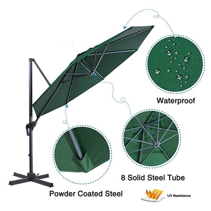 Hindoro Side Pole Luxury Garden Umbrella (Round Shape) 10 Ft Thick Waterproof Fabric (Green)