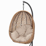 Hindoro Rattan Wicker Wrought Iron Hanging Hammock Single Seater Egg Swing Chair with Stand & Cushion || Outdoor/Indoor/Balcony/Garden/Patio/Living Outdoor Furniture (Beige)