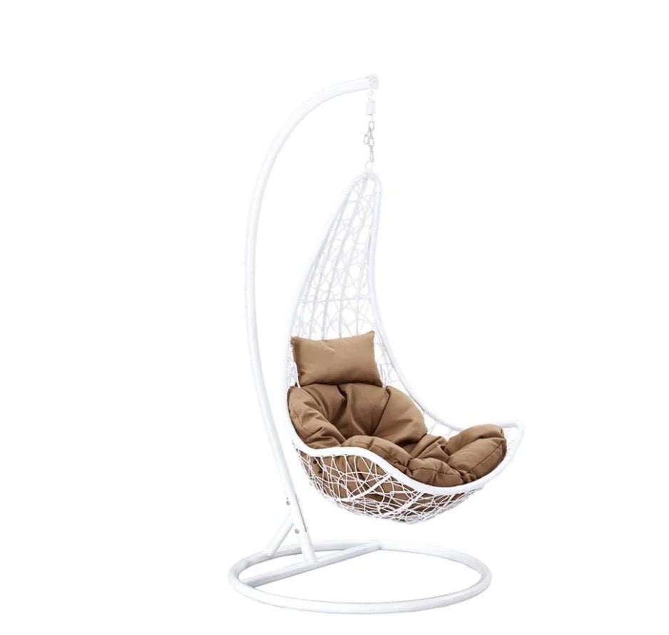 Hindoro Outdoor Balcony Spoon White Swing Chair with Stand and Beige Cushion