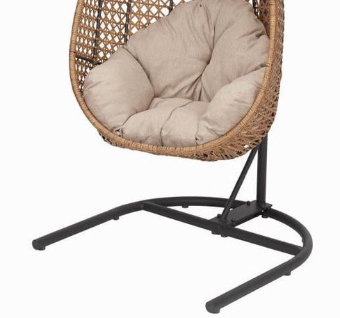 Hindoro Rattan Wicker Wrought Iron Hanging Hammock Single Seater Egg Swing Chair with Stand & Cushion || Outdoor/Indoor/Balcony/Garden/Patio/Living Outdoor Furniture (Beige)