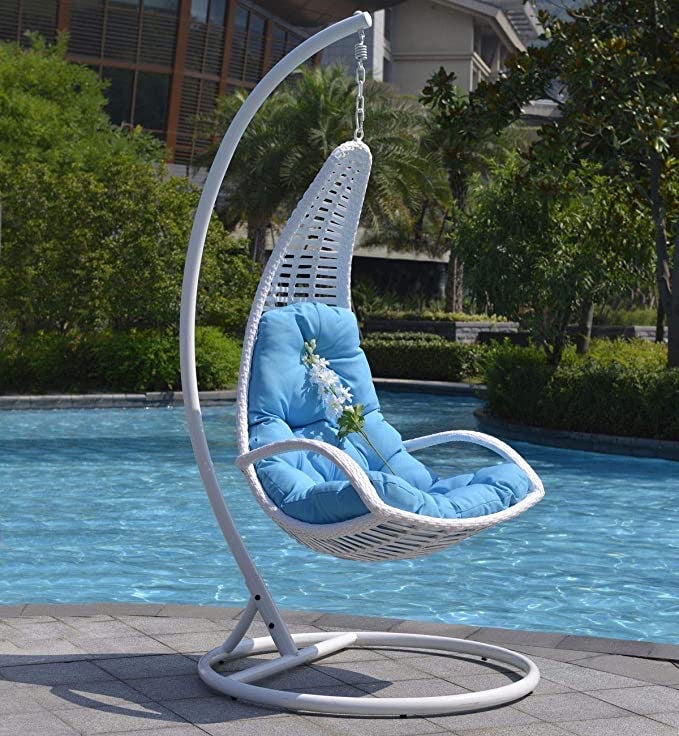 Hindoro White Indoor/Outdoor Zula Hammock Chair for Adult Swing with Stand and Blue Cushion