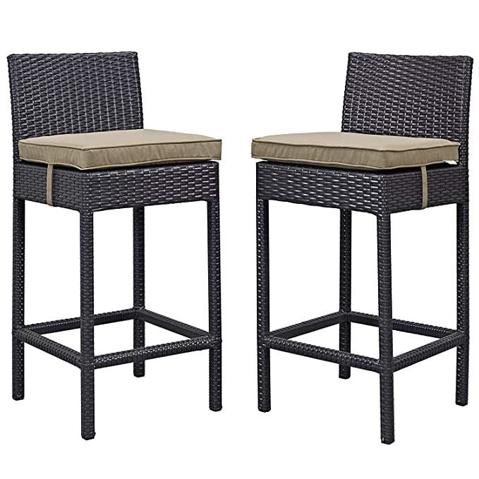 Hindoro Outdoor/Indoor wichket Patio Chair Bar Stools, Set of 2 (Standard Leather Brown, Brown Cushion)